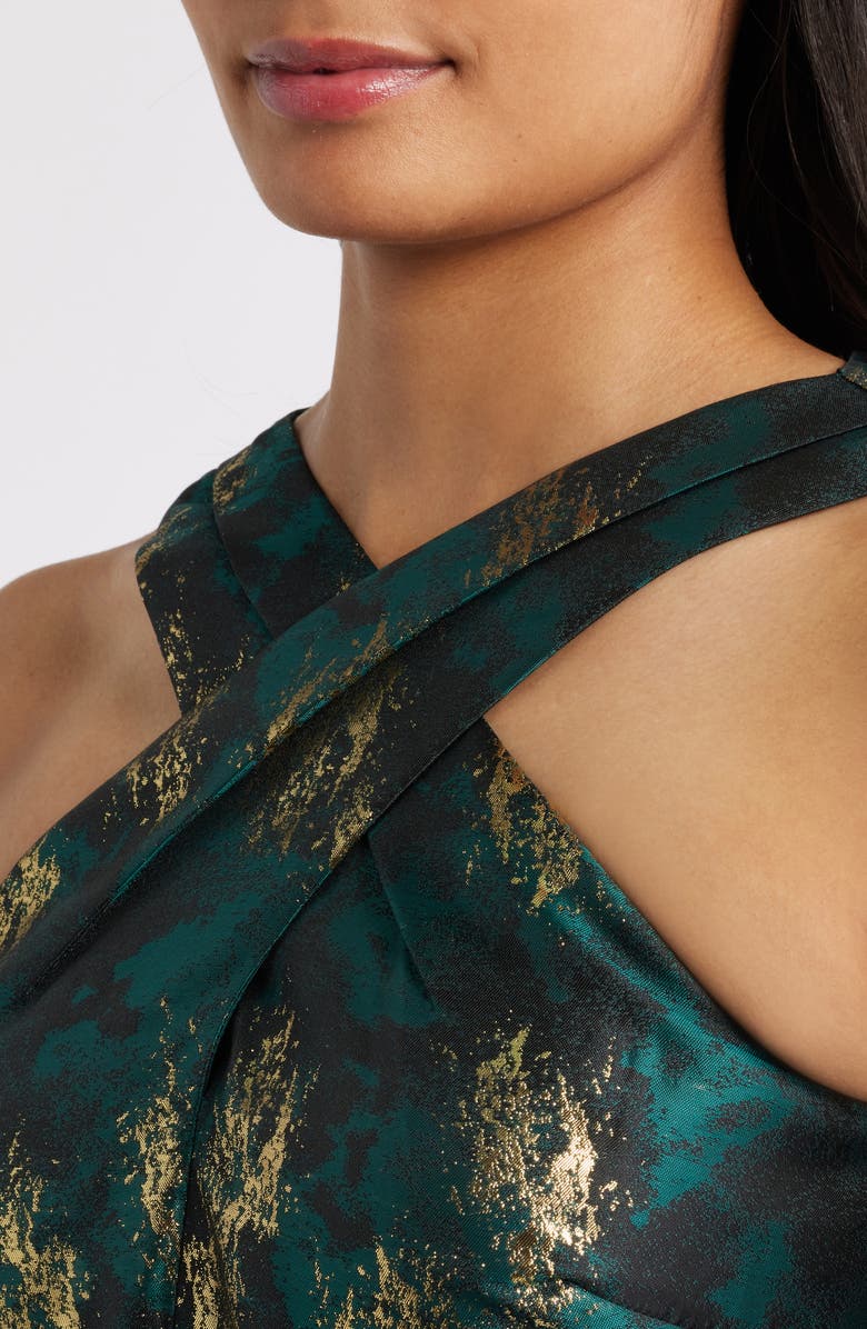 Anne Klein Metallic Crossover Neck Brocade Dress, Alternate, color, Midnight Pine Multi