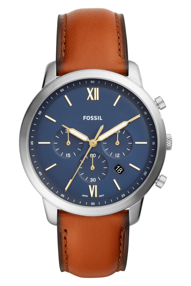 Neutra Chronograph Leather Strap Watch, 44mm, Main, color, BROWN/ BLUE/ SILVER