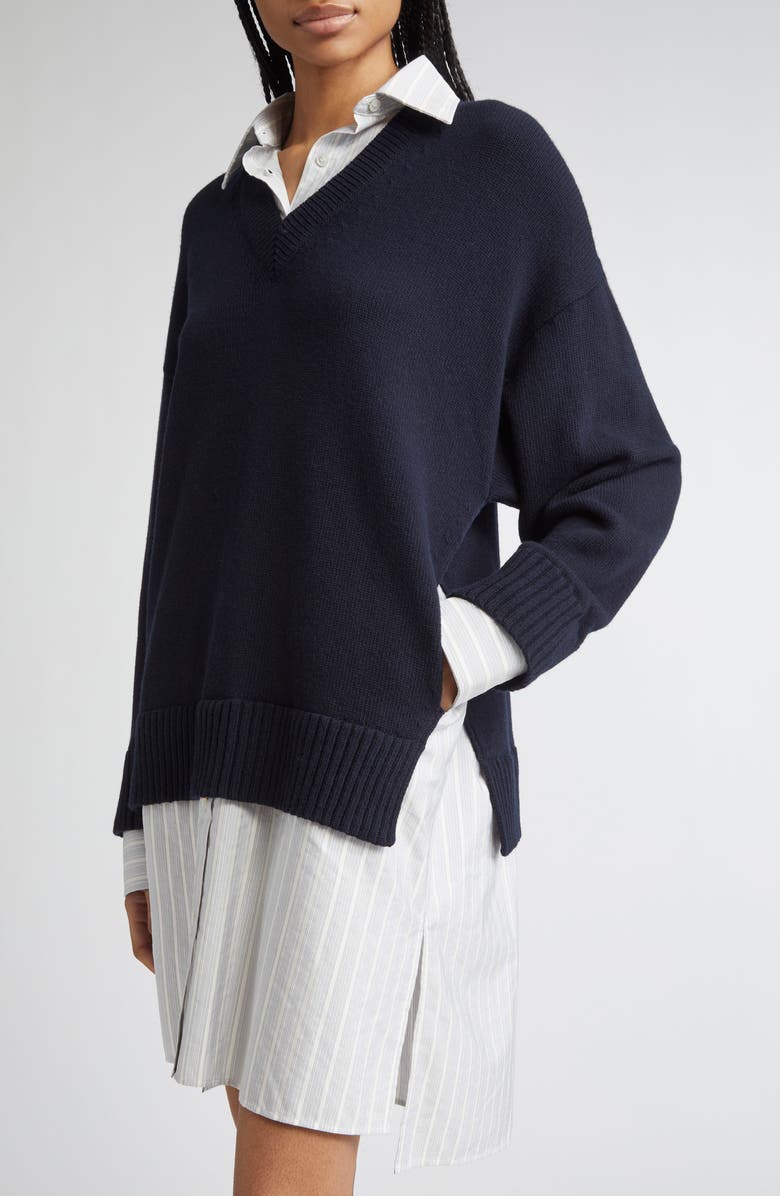 Stella McCartney Long Sleeve Mixed Media Wool, Silk & Cotton Dress, Alternate, color, 4000 - Navy