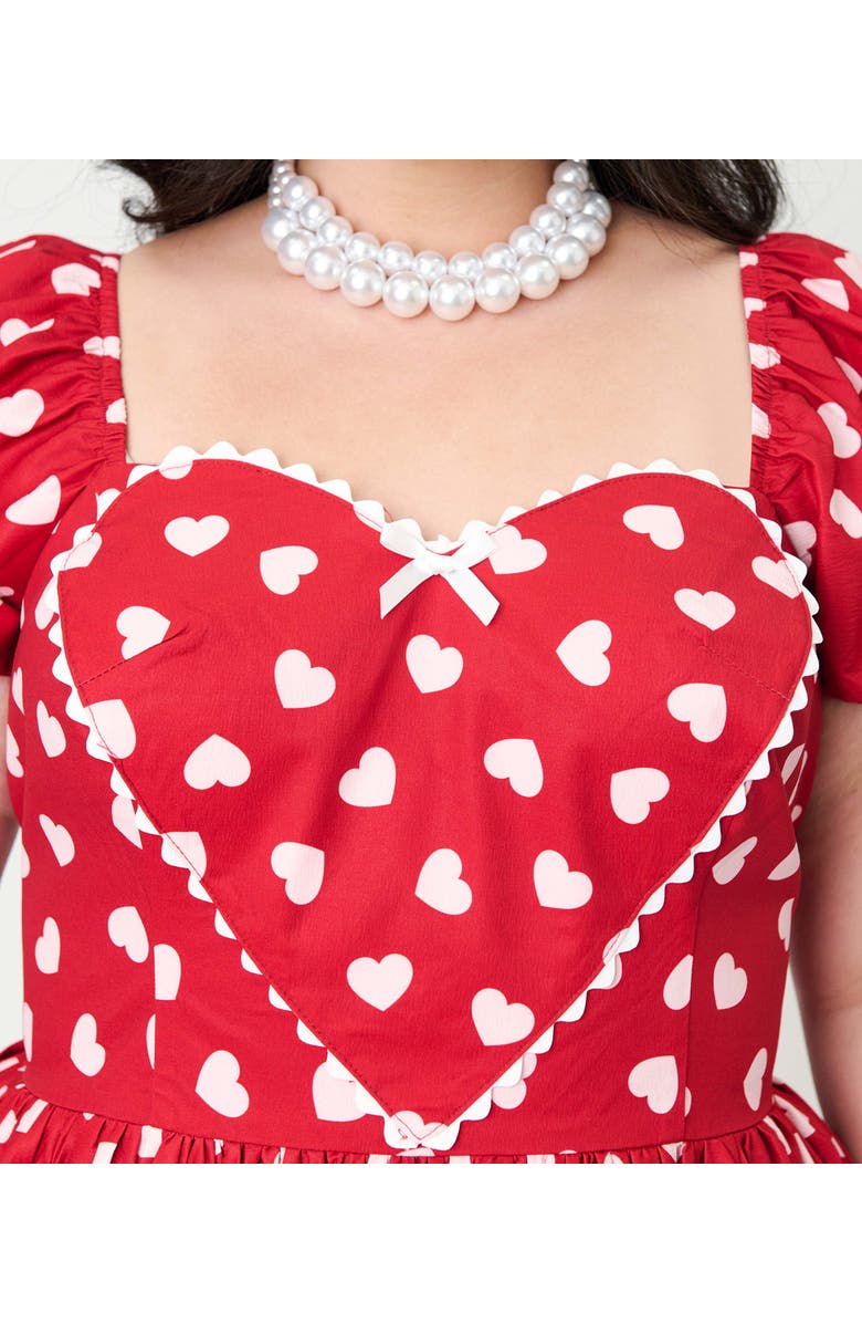 Unique Vintage Plus Size Puff Sleeve Sweetheart Fit & Flare Dress, Alternate, color, Red W/ White Heart Print