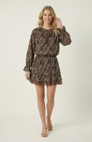 Modenaire Paisley Print Mini Dress with Tiered Skirt and Long Sleeves