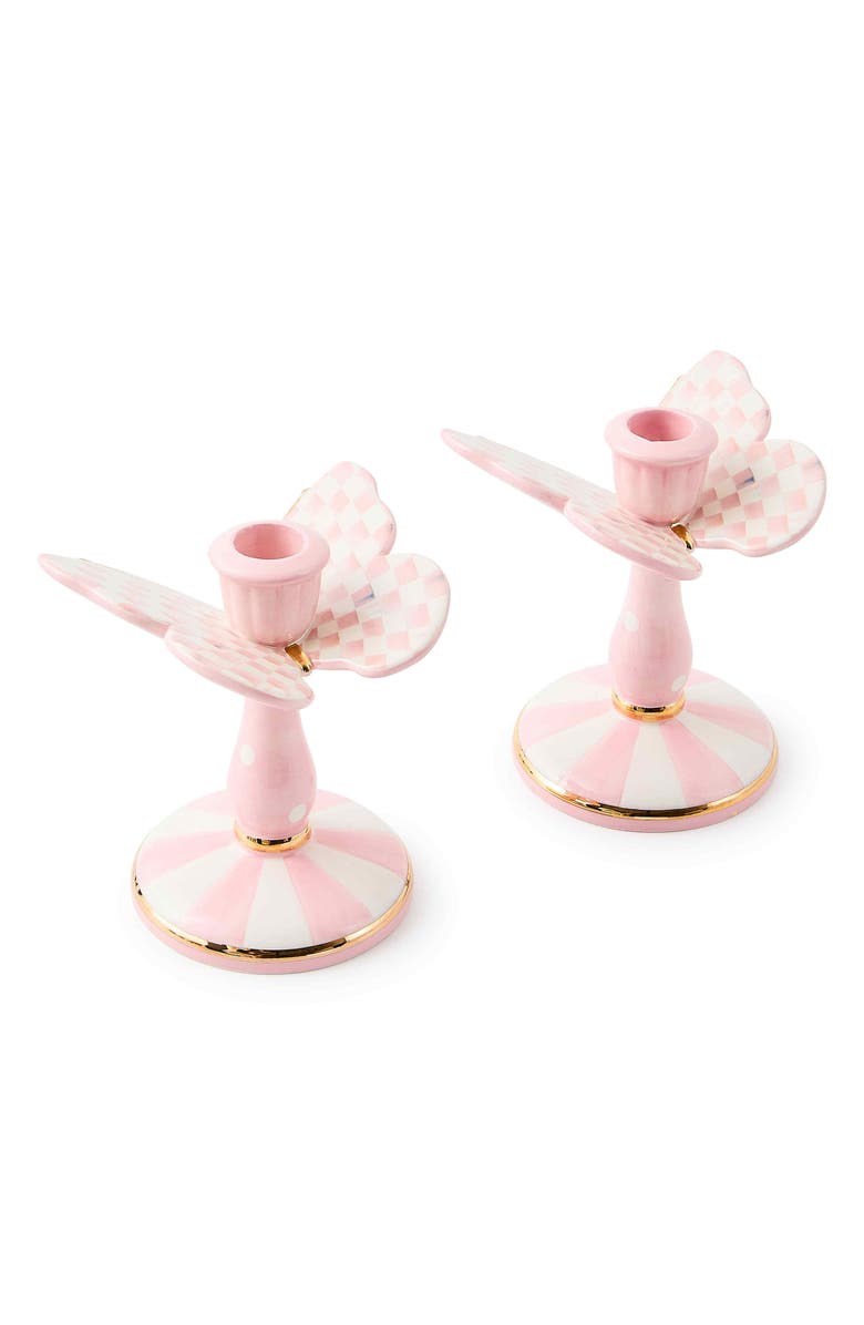 MACKENZIE CHILDS Rosy Check Set of 2 Butterfly Candleholders, Main, color, Rosy