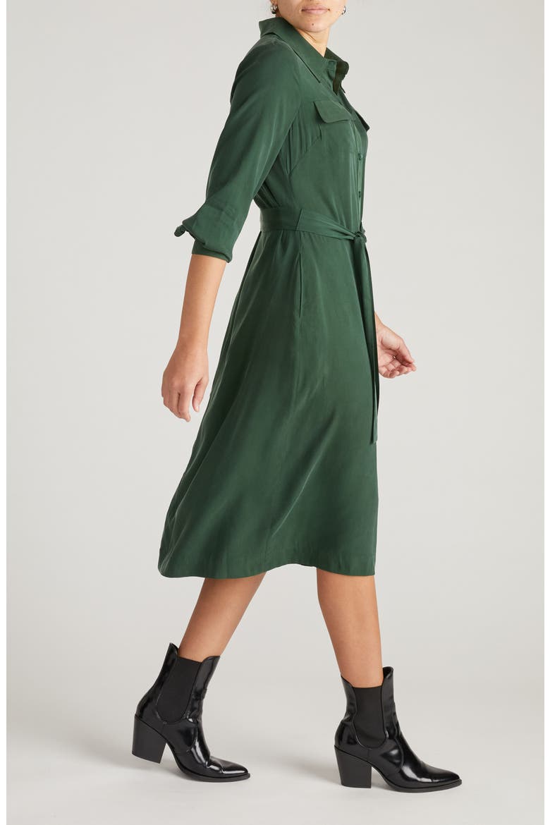Cooling Long Sleeve Stretch Cupro Blend Shirtdress, Alternate, color, FOREST GREEN