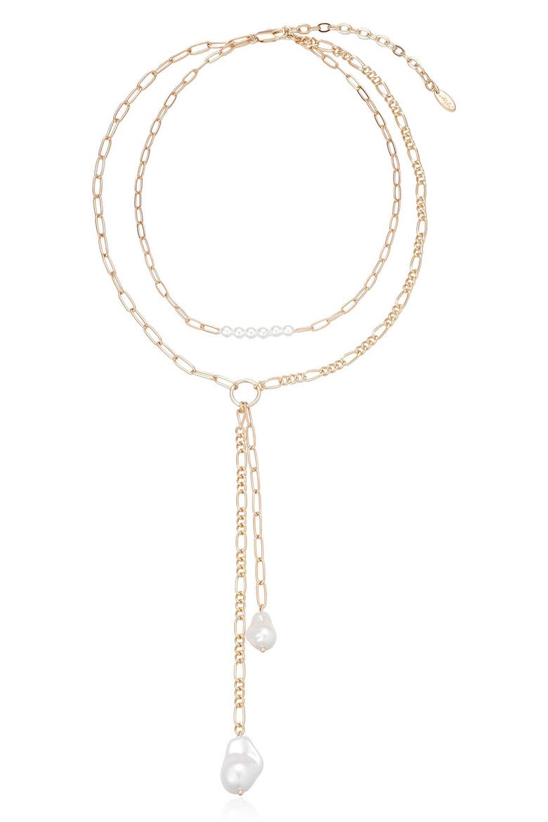 Faux Pearl Mixed Chain Layered Y-Necklace, Alternate, color, GOLD