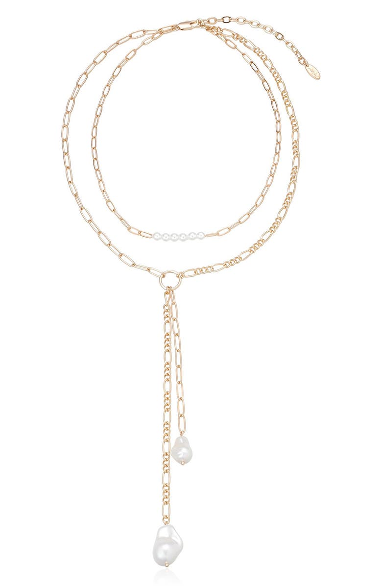 Ettika Faux Pearl Mixed Chain Layered Y-Necklace, Alternate, color, Gold