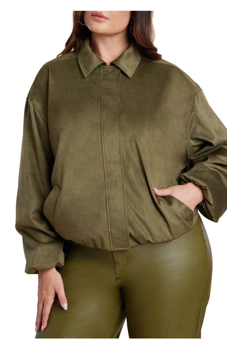 ELOQUII Faux Suede Bomber Jacket, Main, color, Burnt Olive