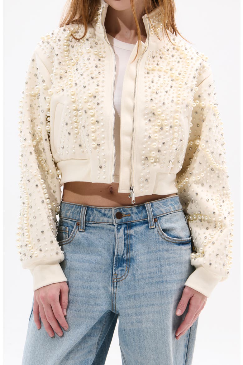 Pearlized Embellished Bomber Jacket, Alternate, color, CREAM