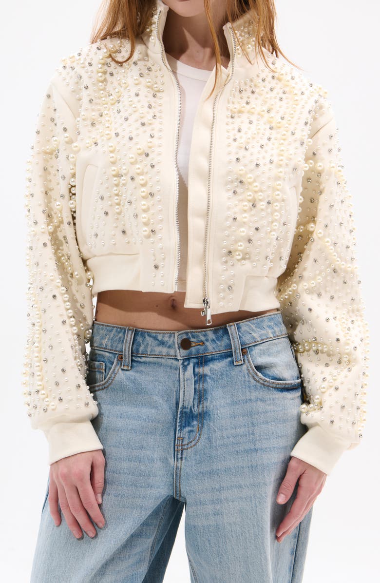 AZALEA WANG Pearlized Embellished Bomber Jacket, Alternate, color, Cream