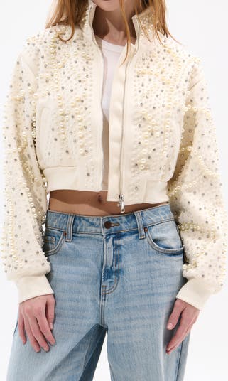 Pearlized Embellished Bomber Jacket