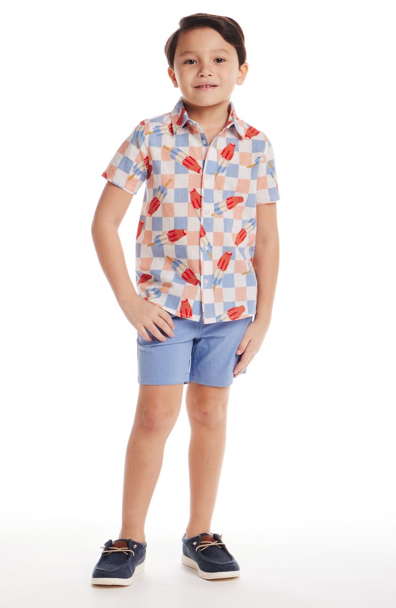Andy & Evan Kids' Frozen Treats Print Short Sleeve Cotton Button-Up Shirt & Drawstring Shorts Set, Alternate, color, Chambray