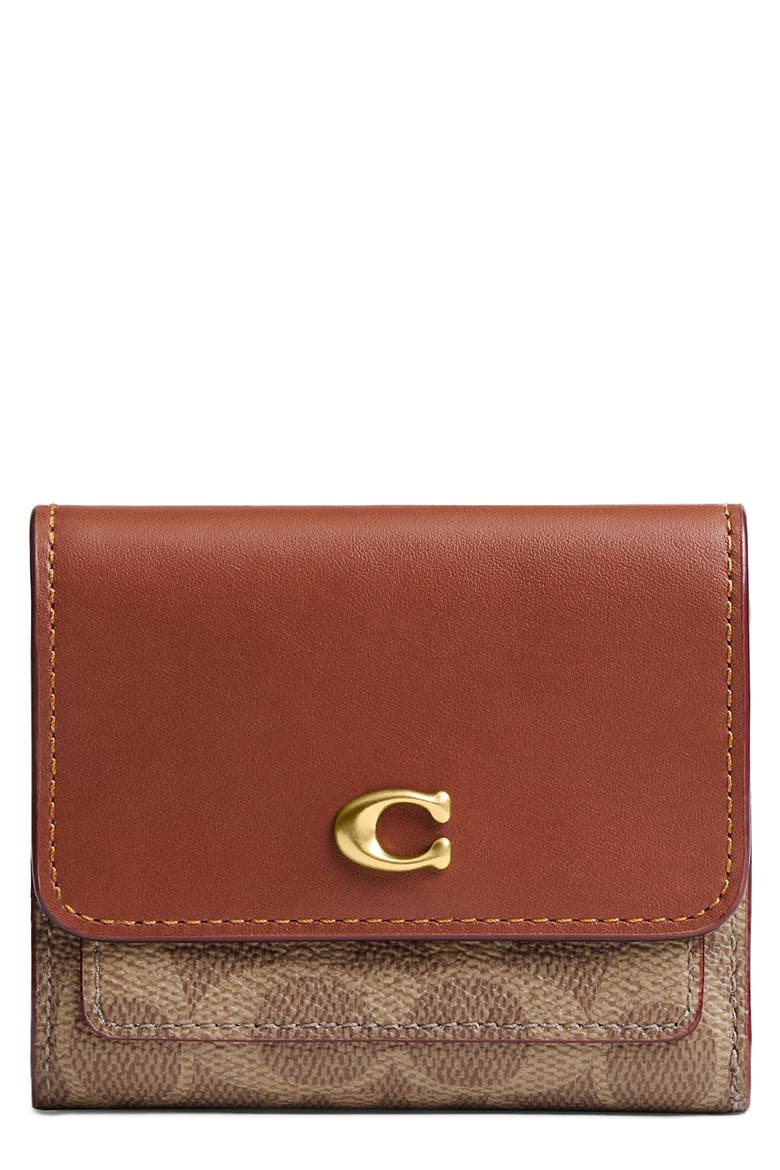 Essential Signature Coated Canvas & Leather Trifold Wallet, Main, color, TAN CARAMEL