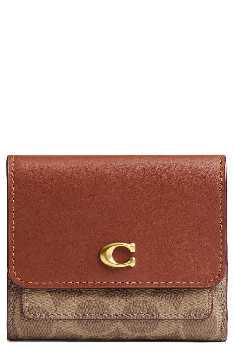 COACH Essential Signature Coated Canvas & Leather Trifold Wallet, Main, color, Tan Caramel