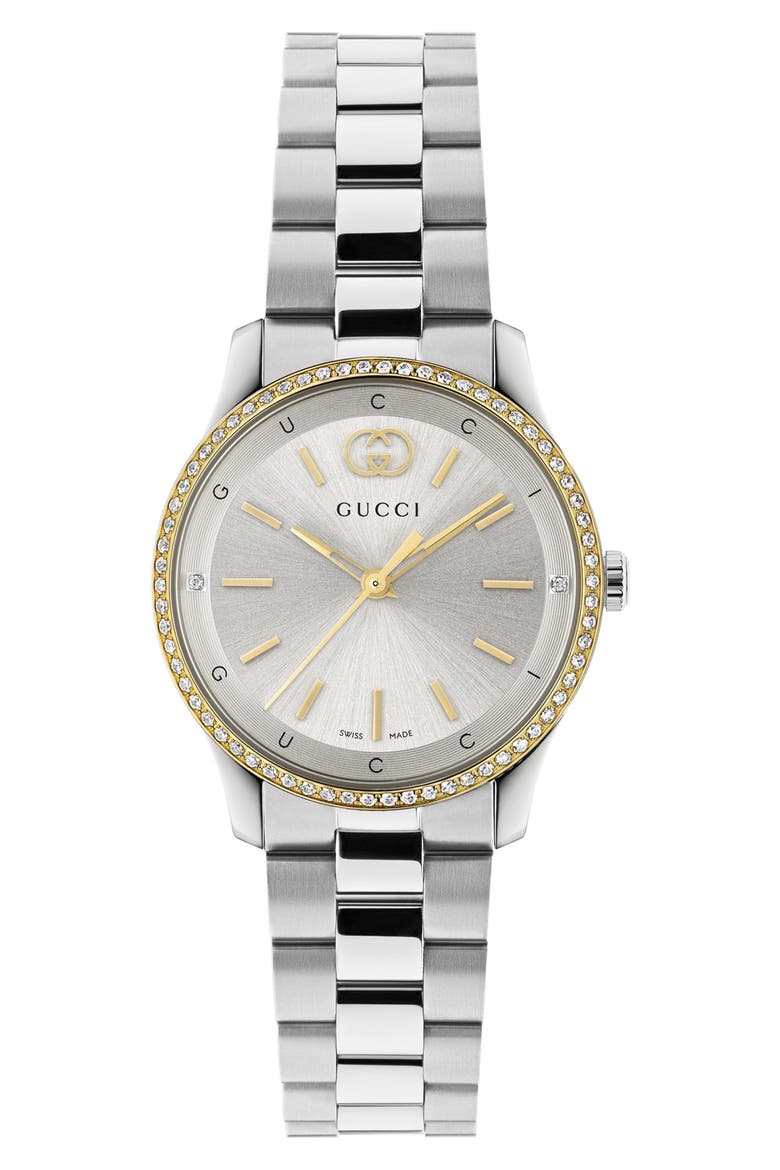 G-Timeless Diamond Bezel Slim Bracelet Watch, 29mm, Alternate, color, SILVER/ GOLD