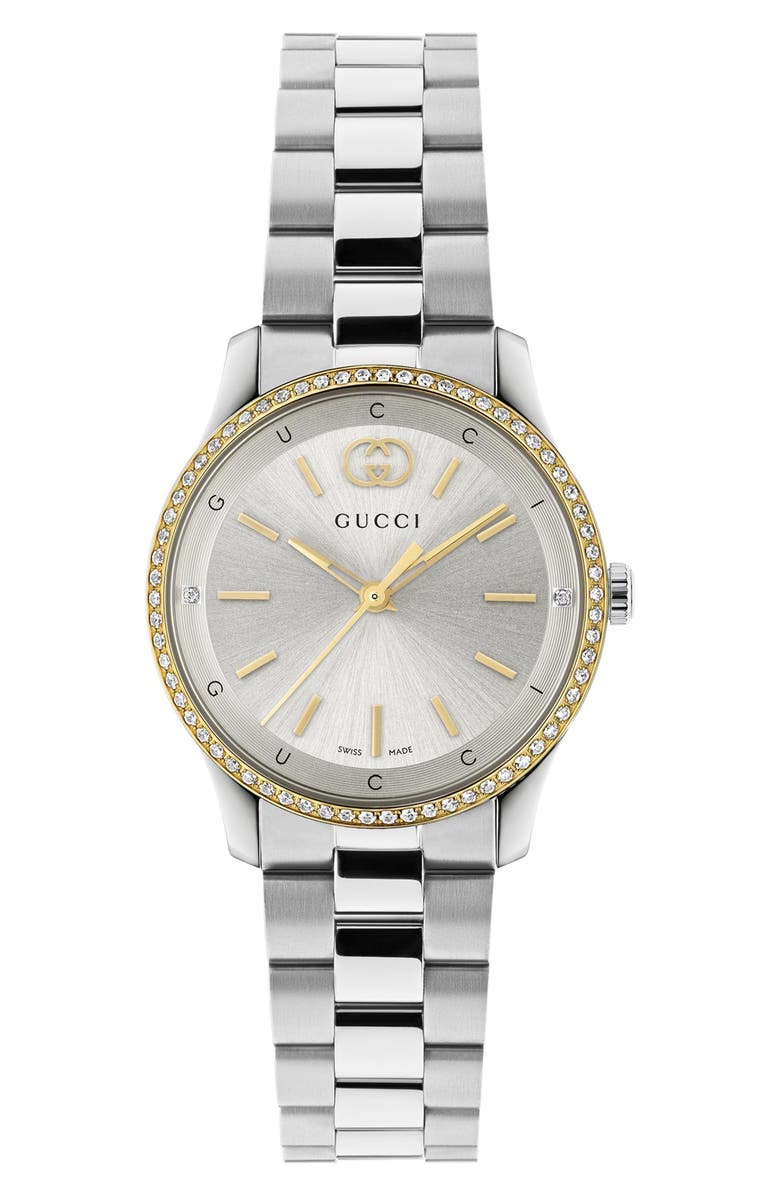 Gucci G-Timeless Diamond Bezel Slim Bracelet Watch, 29mm, Alternate, color, Silver/ Gold