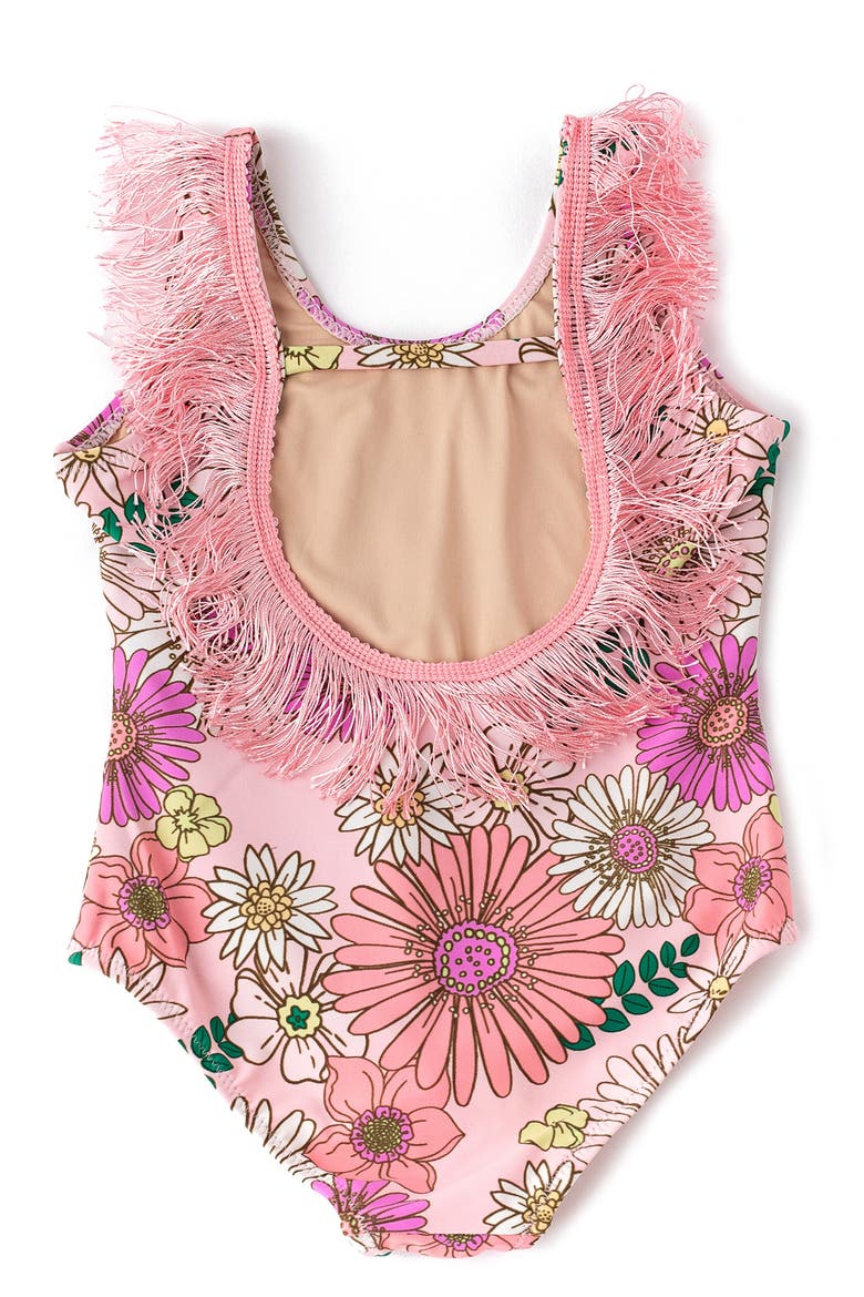 Kids' Retro Blossom Fringe Back One-Piece Swimsuit, Alternate, color, PINK
