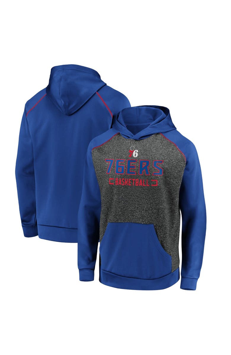 FANATICS Men's Fanatics Branded Heathered Charcoal/Royal Philadelphia 76ers Game Day Ready Raglan Pullover Hoodie, Main, color, 
