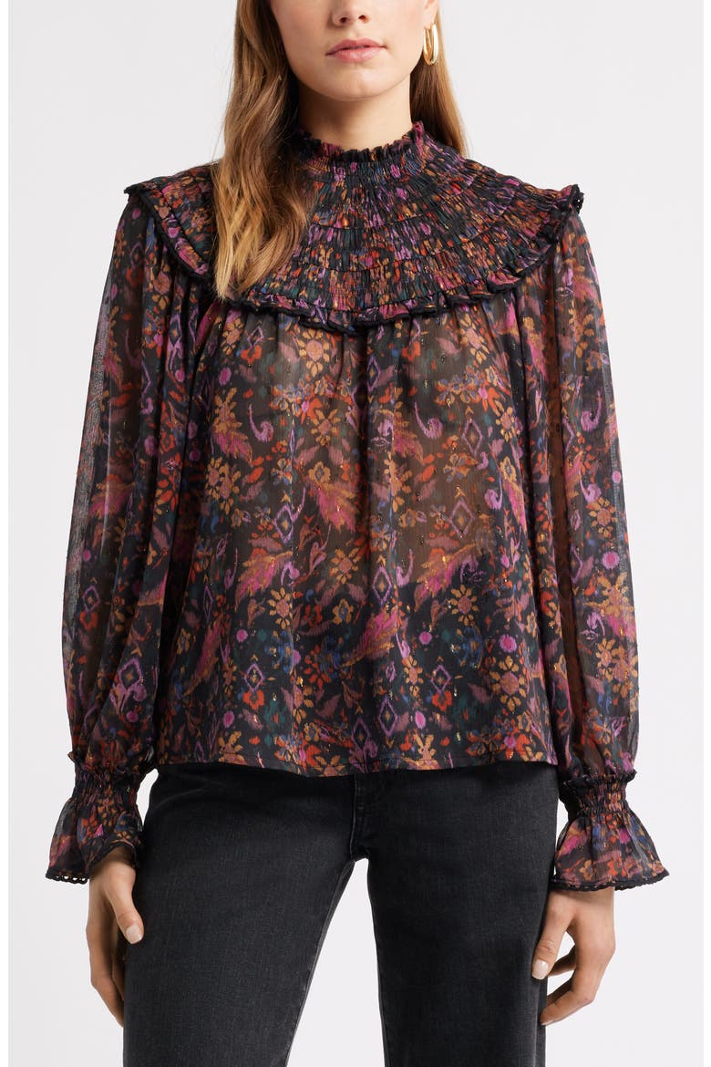 Floral Metallic Smocked Yoke Top, Alternate, color, BLACK- PURPLE ROSE TAPESTRY