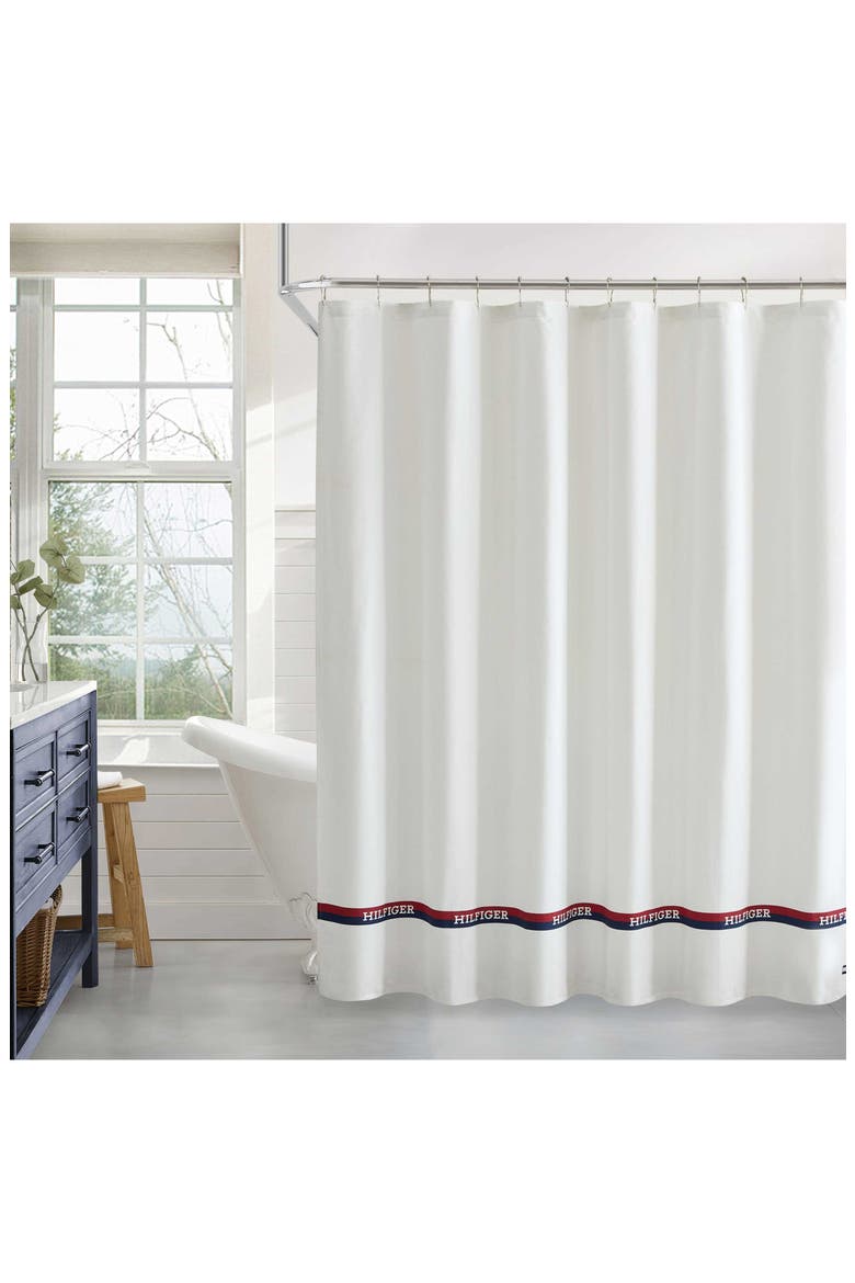 Logo Stripe Shower Curtain, Alternate, color, DEEP BLUE/ NAVIGATOR RED