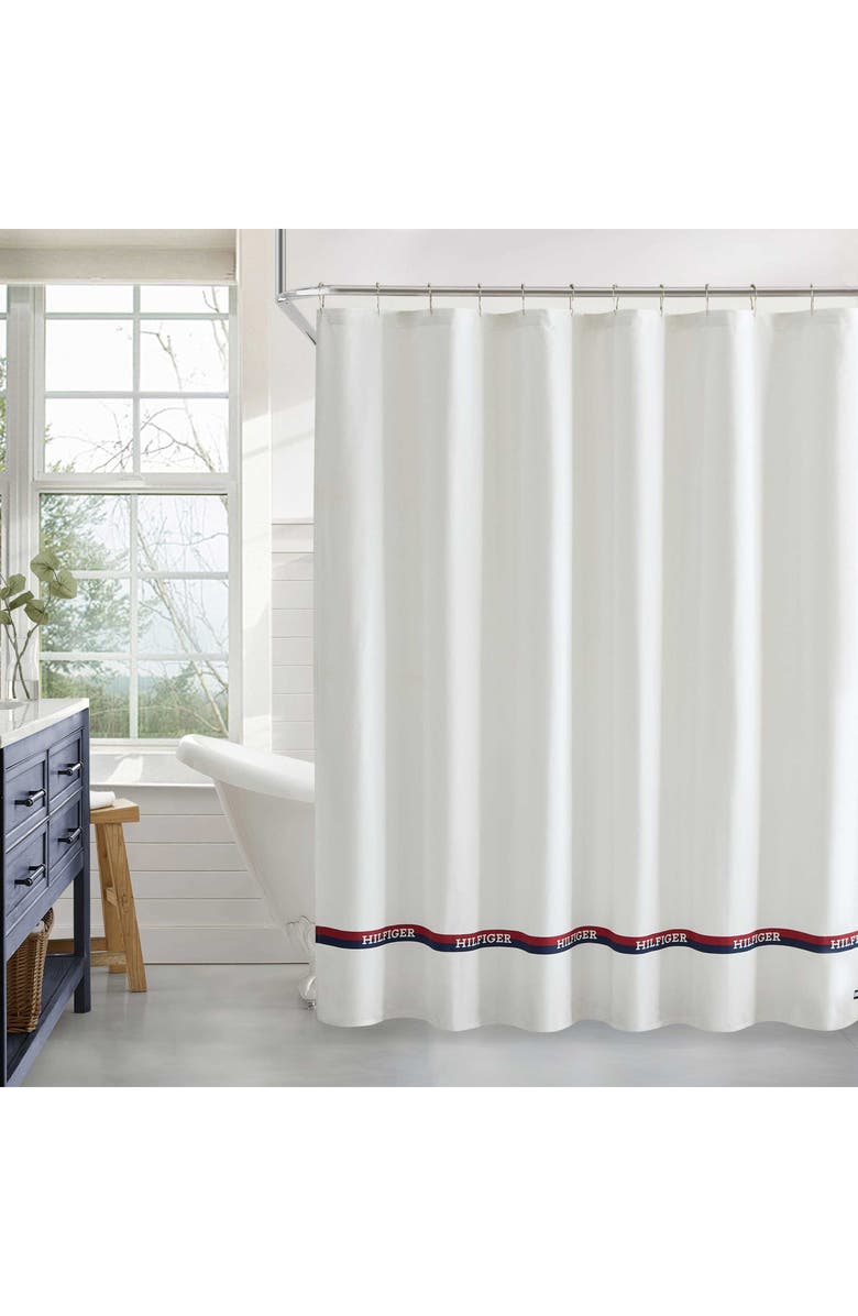 Tommy Hilfiger Logo Stripe Shower Curtain, Alternate, color, Deep Blue/ Navigator Red