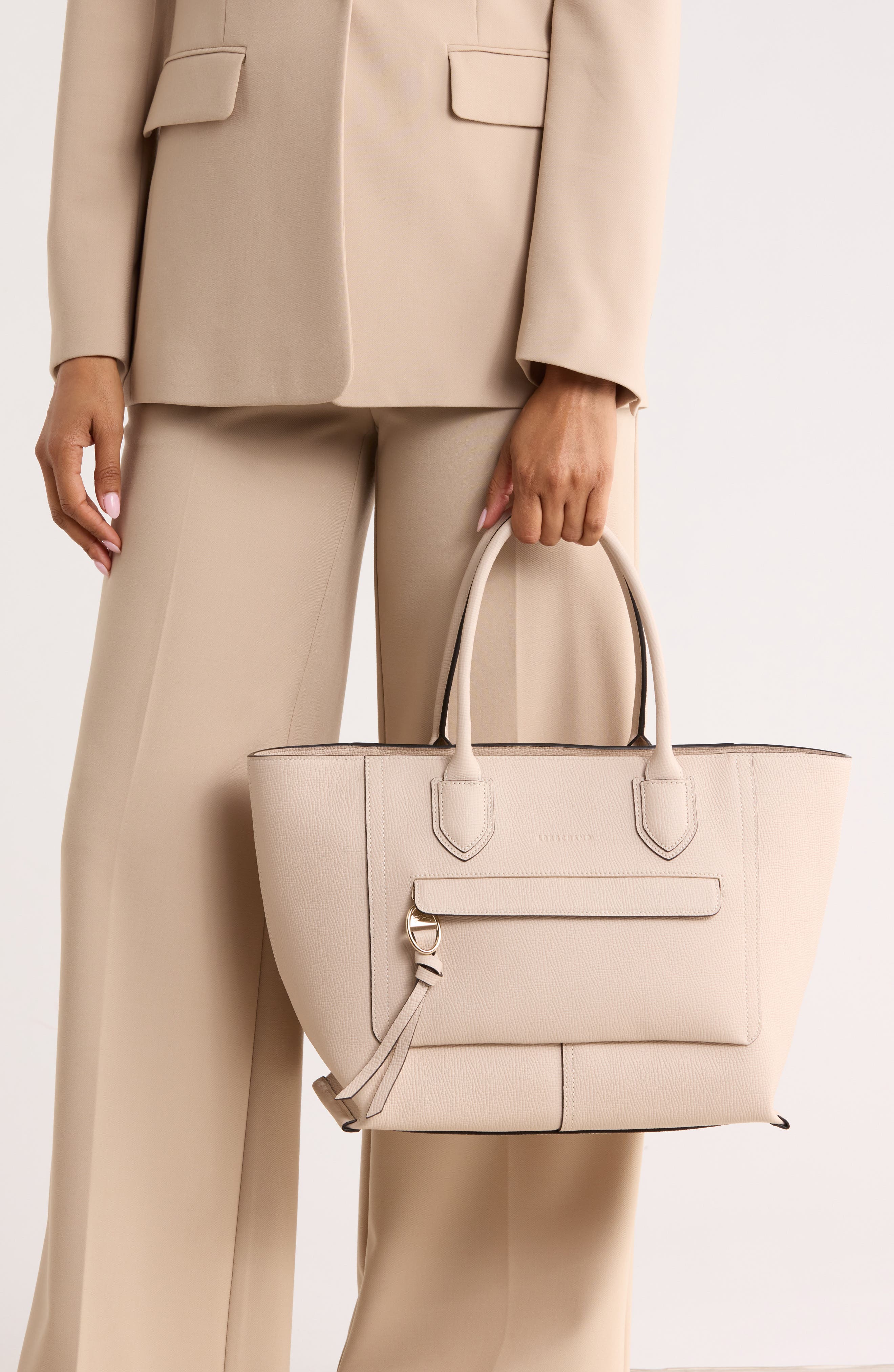 Longchamp Large Mailbox Leather Top Handle Bag, Alternate, color, Chalk