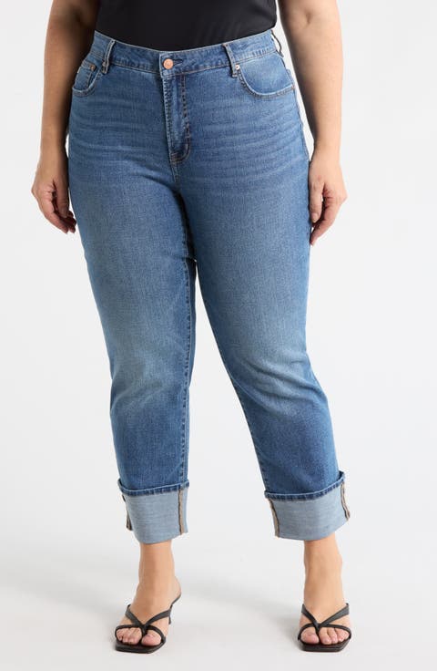 High Waist Straight Leg Cuffed Hem Jeans (Plus)
