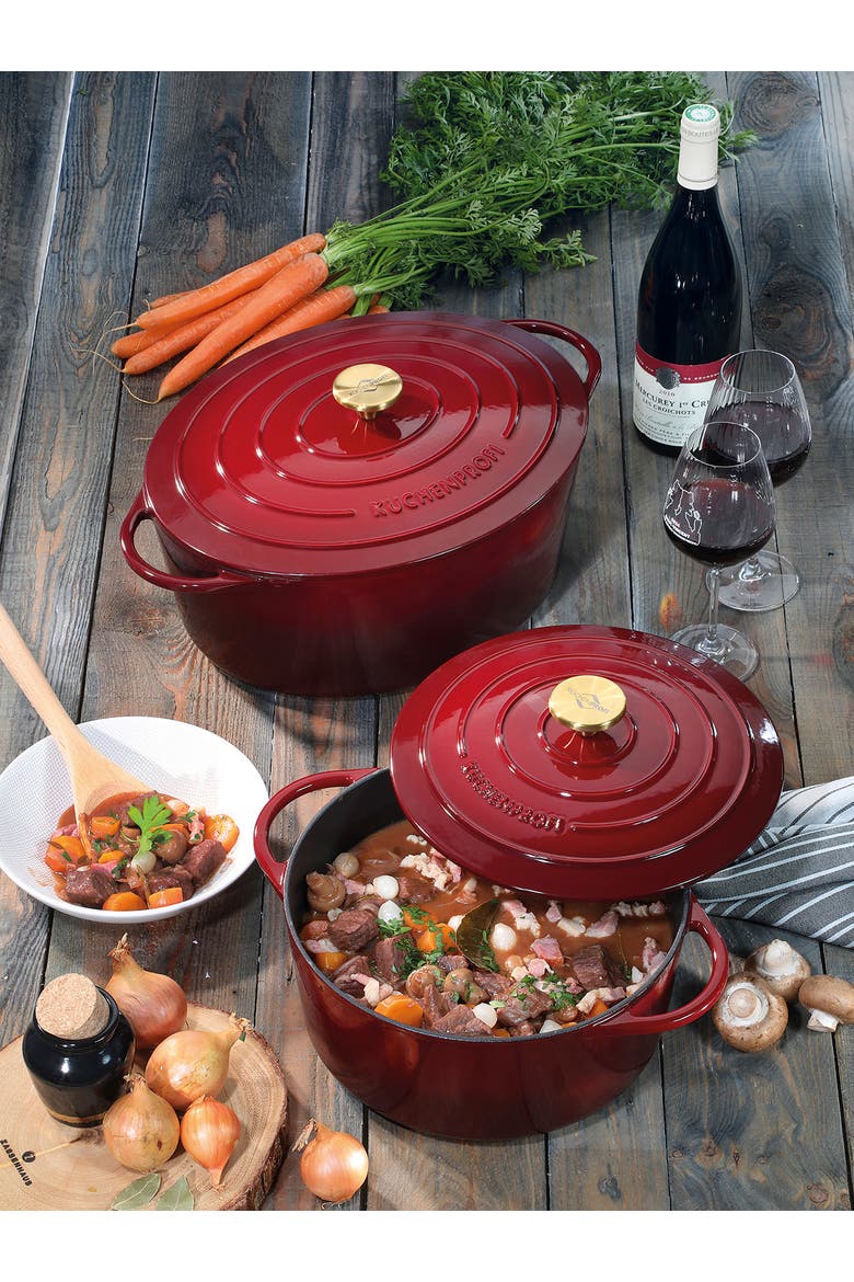 Provence Enameled Cast Iron Oval Dutch Oven, 13" L, 7.4 qt, Alternate, color, Burgundy