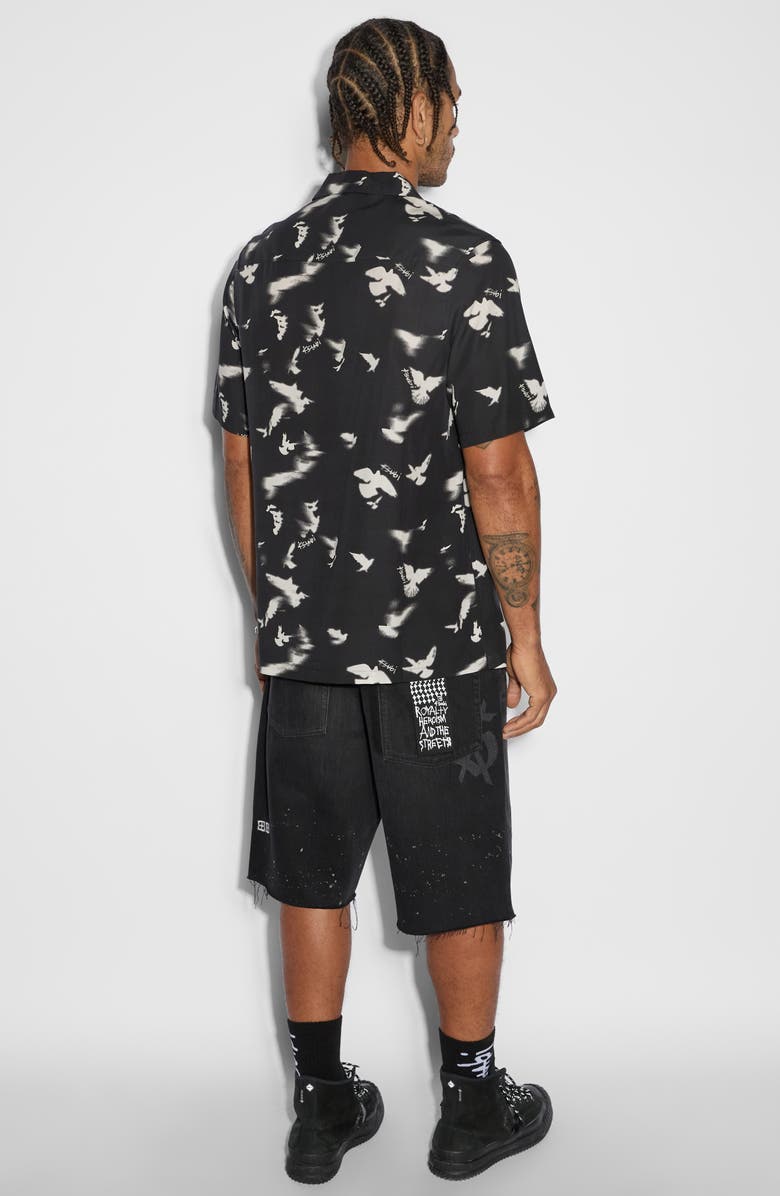Ksubi Flight Resort Bird Print Lyocell Camp Shirt, Alternate, color, Black
