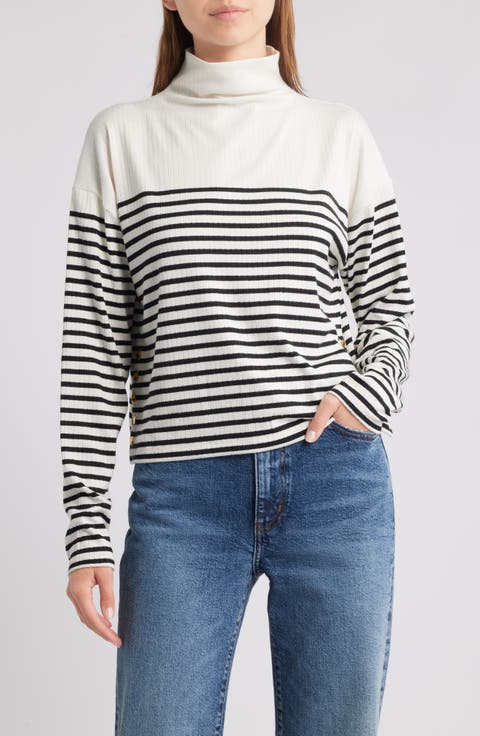 Stripe Rib Knit Side Button Funnel Neck Top