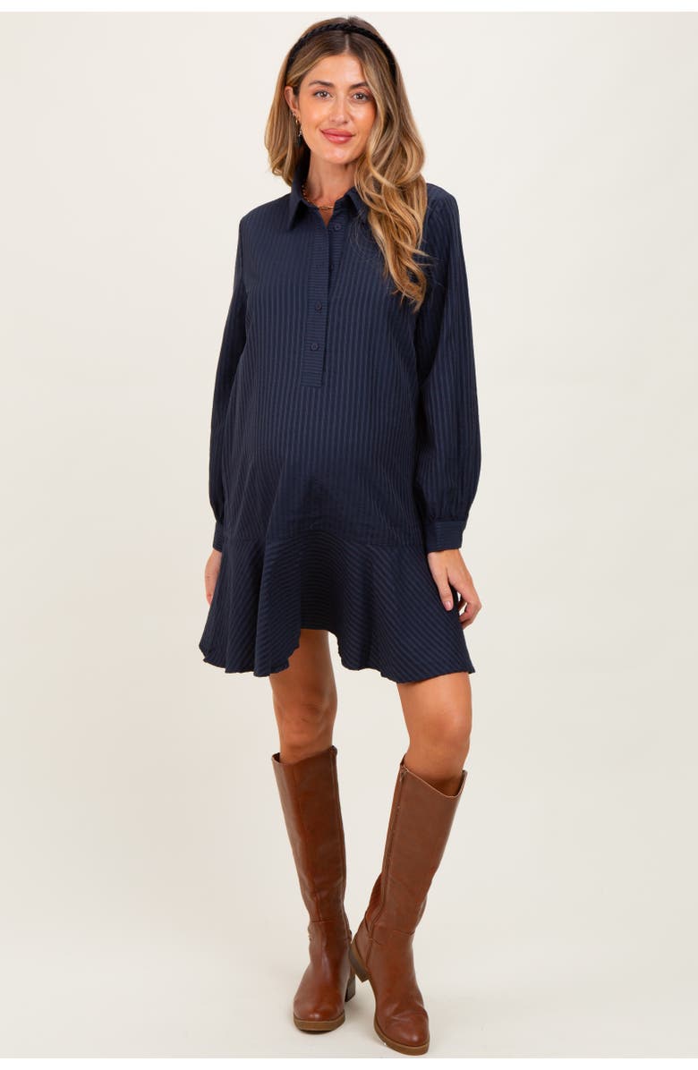 PinkBlush Striped Long Sleeve Drop Waist Polo Dress, Main, color, Navy Blue
