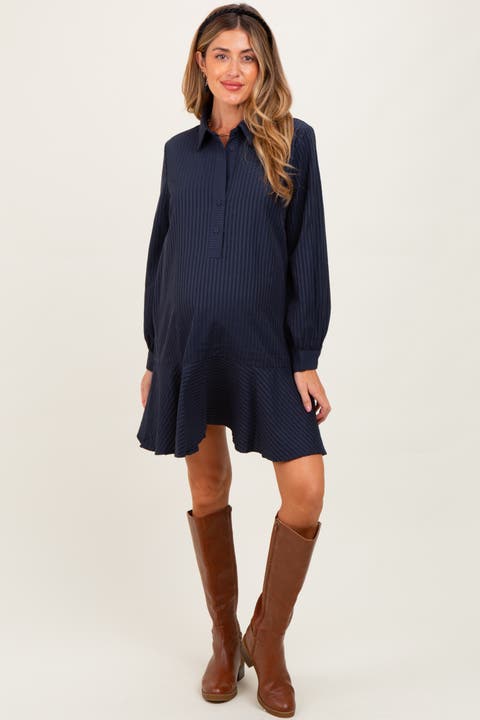 Striped Long Sleeve Drop Waist Polo Dress