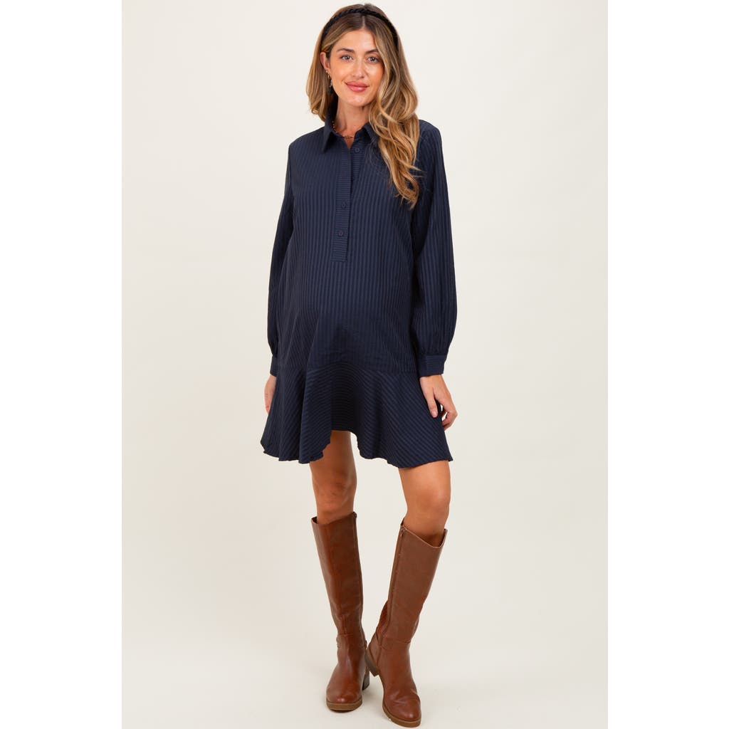 Pinkblush Striped Long Sleeve Drop Waist Polo Dress In Blue