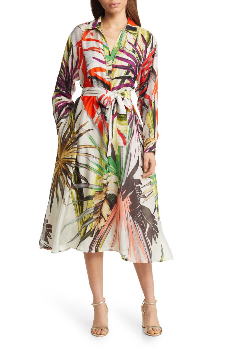 Natori El Nido Print Long Sleeve Silk Shirtdress, Main, color,