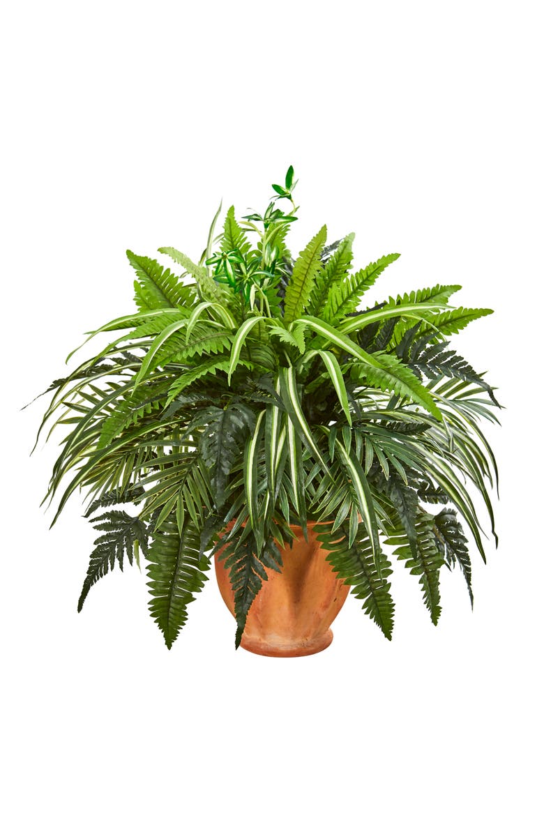 NEARLY NATURAL 23-in Mixed Greens and Fern Artificial Plant in Terra Cotta Planter, Main, color, Green