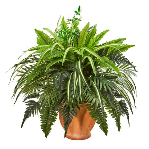 23-in Mixed Greens and Fern Artificial Plant in Terra Cotta Planter