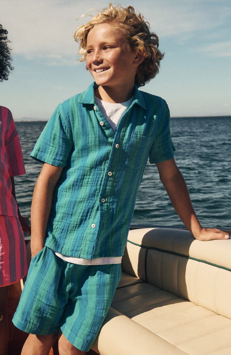 Mini Boden Kids' Double Cloth Cotton Shorts, Alternate, color, Green And Blue Stripe