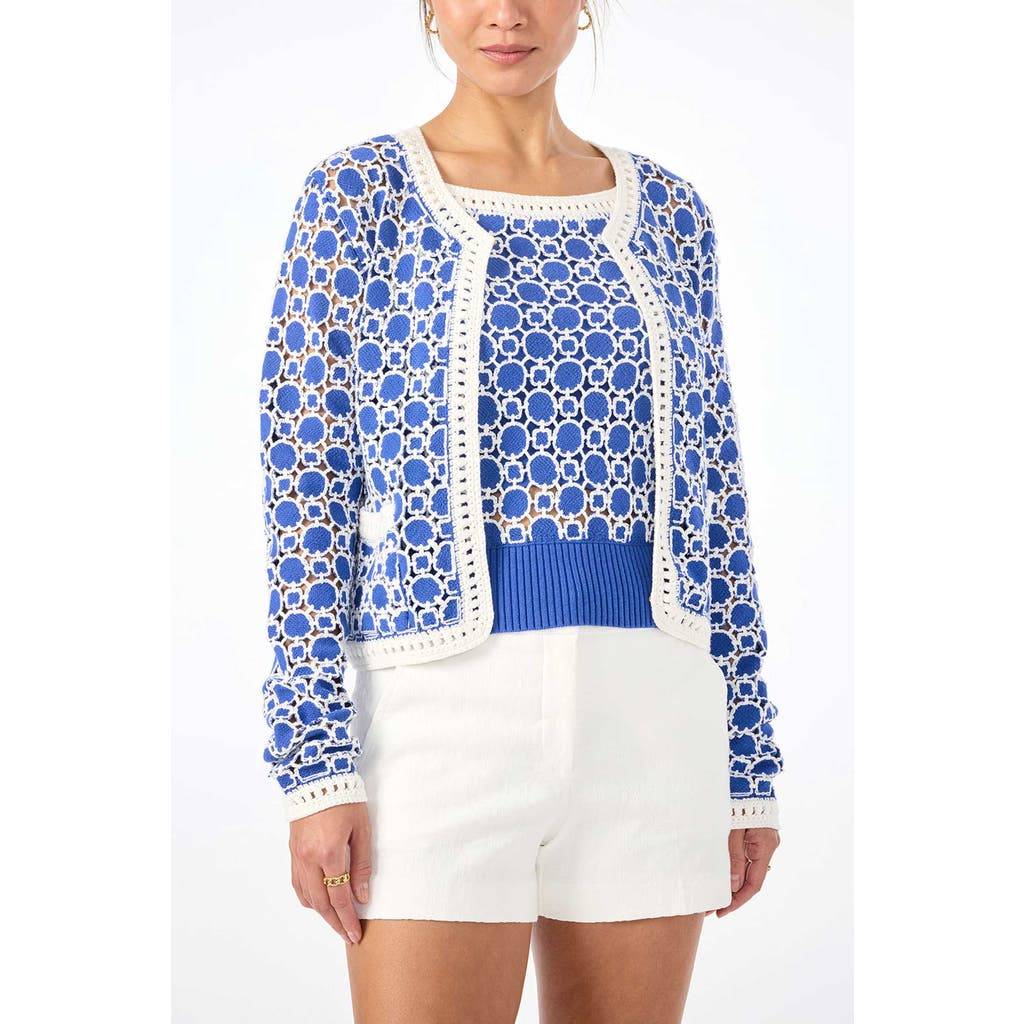 Trina Turk Sinai Geometric Knit Cardigan In Cobalt Cove/whitewash