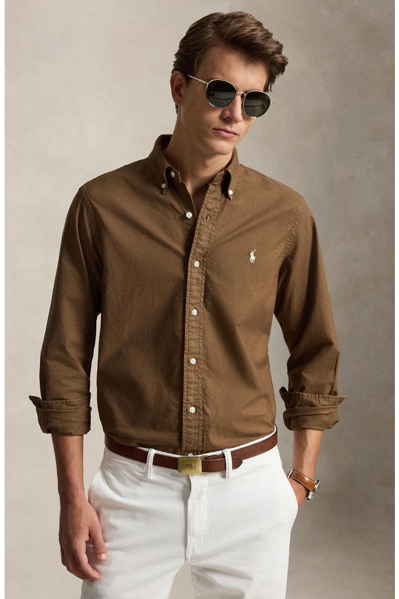 Classic Fit Solid Garment Dyed Cotton Button-Down Oxford Shirt, Alternate, color, CHESTNUT