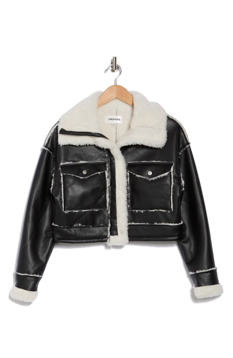Vigoss Faux Shearling Lined Faux Leather Crop Jacket, Alternate, color,