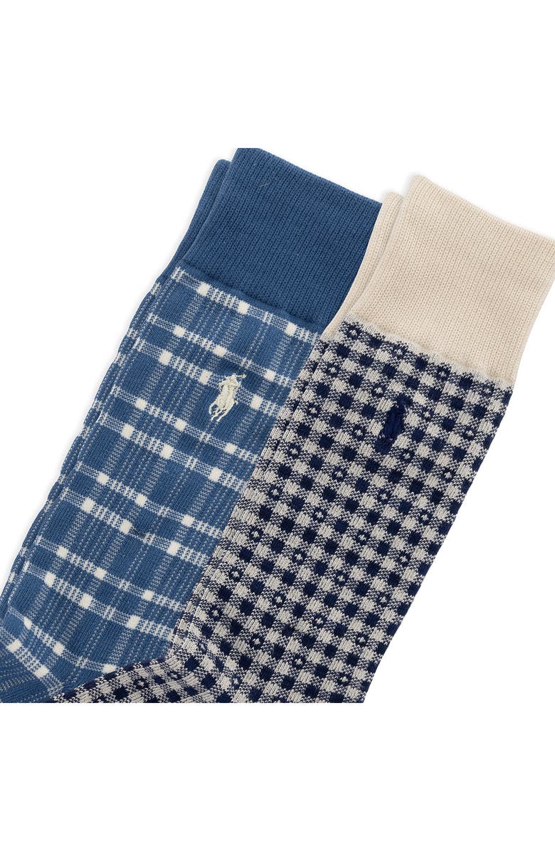 Polo Ralph Lauren Assorted 2-Pack Plaid & Check Cotton Blend Dress Socks, Alternate, color, Cream/ Blue