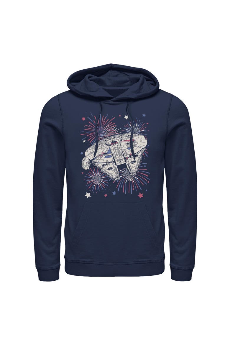 Men's Star Wars Festive Fireworks Falcon  Pull Over Hoodie, Main, color, Navy Blue