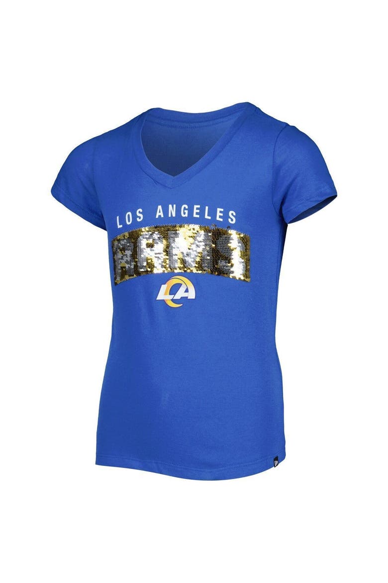 Girls Youth New Era Royal Los Angeles Rams Reverse Sequin Wordmark V-Neck T-Shirt, Alternate, color, Royal