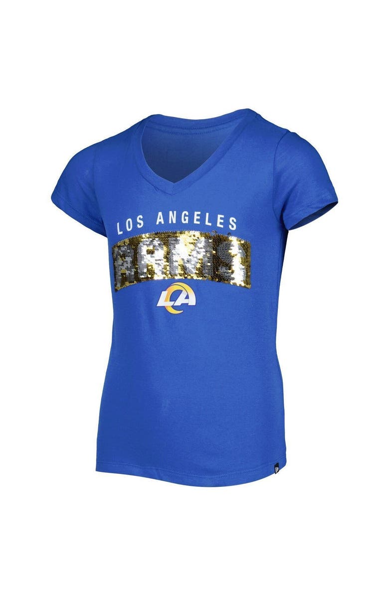 New Era Girls Youth New Era Royal Los Angeles Rams Reverse Sequin Wordmark V-Neck T-Shirt, Alternate, color, 