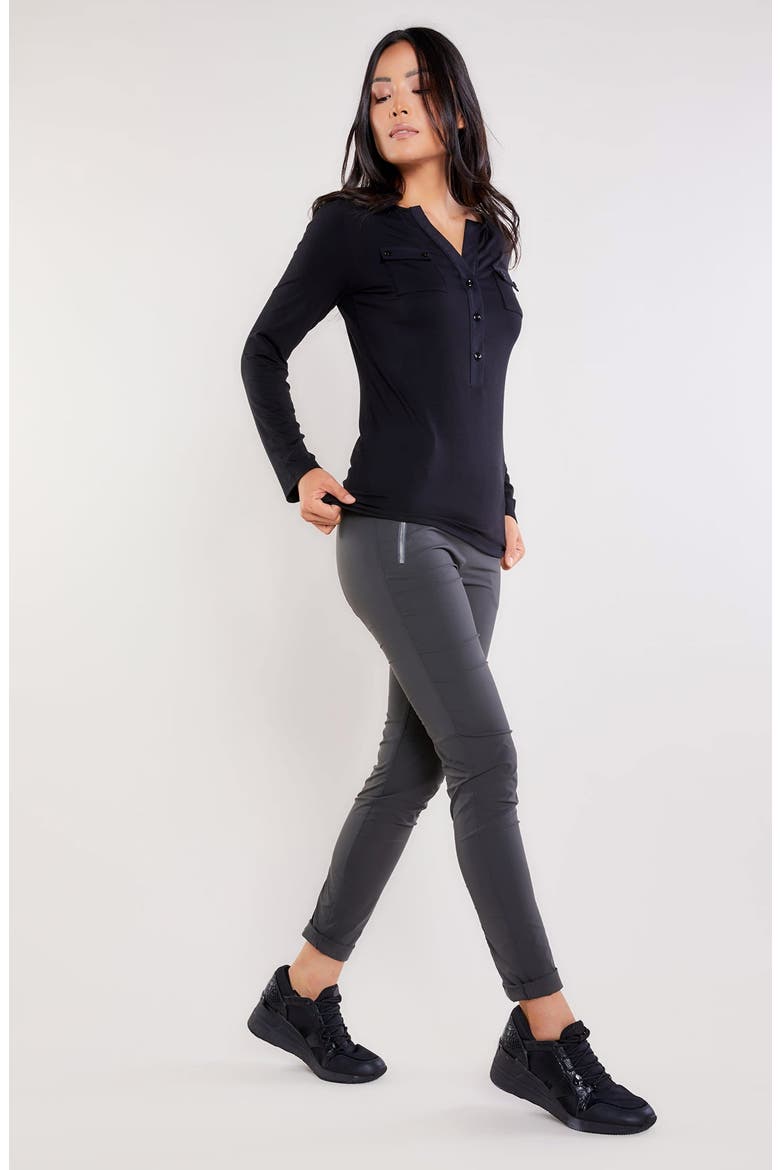 Calista Roll up Henley Top, Alternate, color, Black