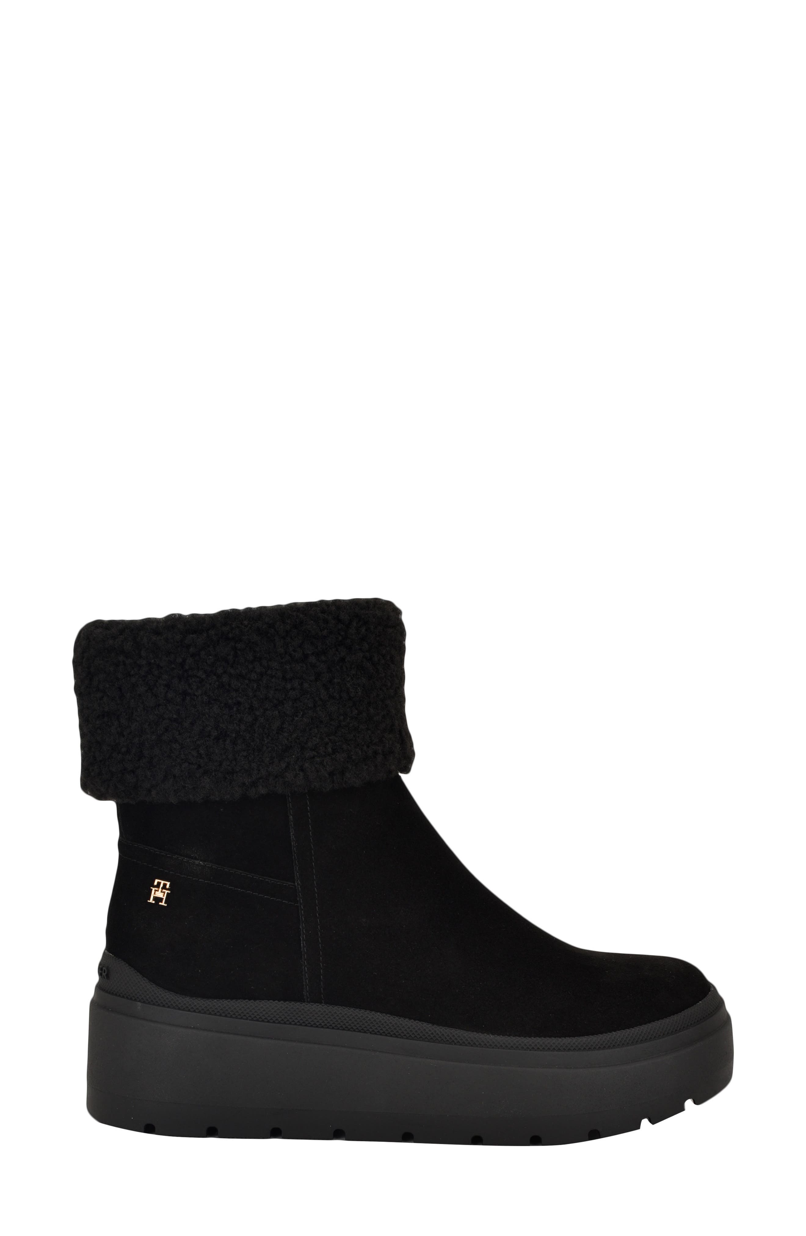 Tommy Hilfiger Peleiz Faux Shearling Cuff Platform Bootie, Alternate, color, Black Suede Shearling