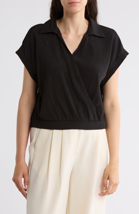 Short Sleeve Faux Wrap Textured Satin Top