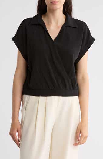 Pleione Short Sleeve Faux Wrap Textured Satin Top