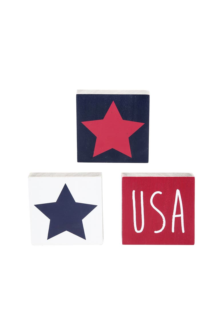 USA Stars Set of 3 Decorative Block Figurines 4.75", Main, color, Red