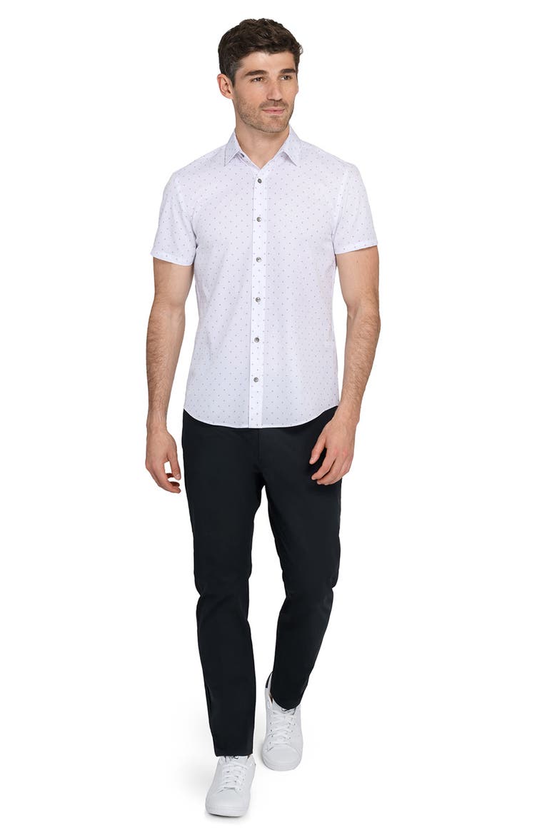 Trim Fit Abstract Star Print Short Sleeve Performance Button-Up Shirt, Alternate, color, WHITE/ BLACK