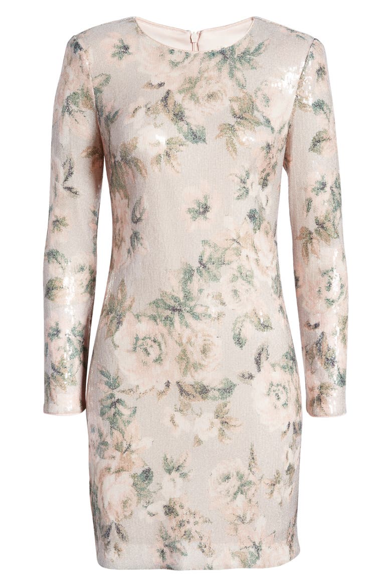 Floral Sequin Long Sleeve Cocktail Dress, Alternate, color, SILVER