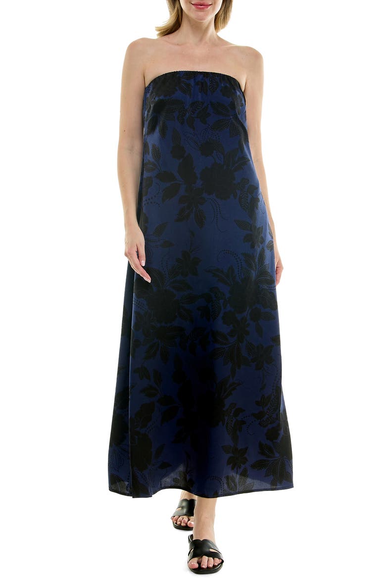 Strapless Print Satin Maxi Dress, Main, color, WESTERN FLORAL NAVY